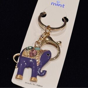BAG CHARM Mint Jeweled Lucky Elephant Keychain - Purple Gold Tone NWT